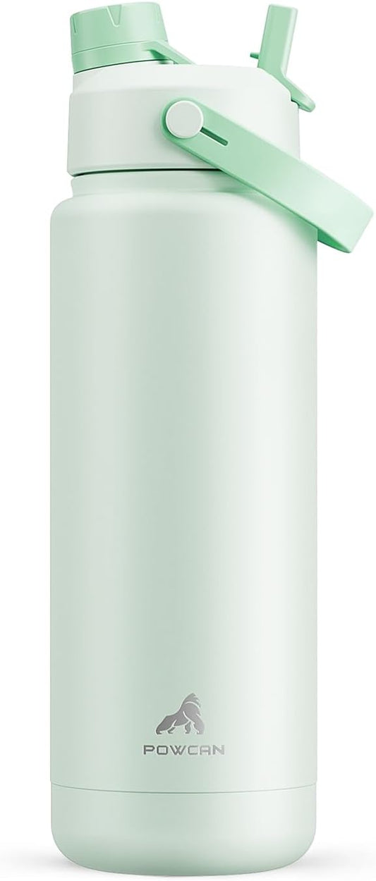 POWCAN 32 oz Insulated Water Bottle with 2-in-1 Straw and Spout Lid, Keep Cold 24H, Leak-Proof, BPA-Free, Double Wall Stainless Steel Water Bottle for Sports, Gym, Travel, and School (Mint)