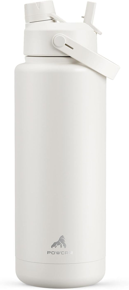 POWCAN 40 oz Insulated Water Bottle with 2-in-1 Straw and Spout Lid, Keep Cold 24H, Leak-Proof, BPA-Free, Double Wall Stainless Steel Water Bottle for Sports, Gym, Travel, and School (Ivory)