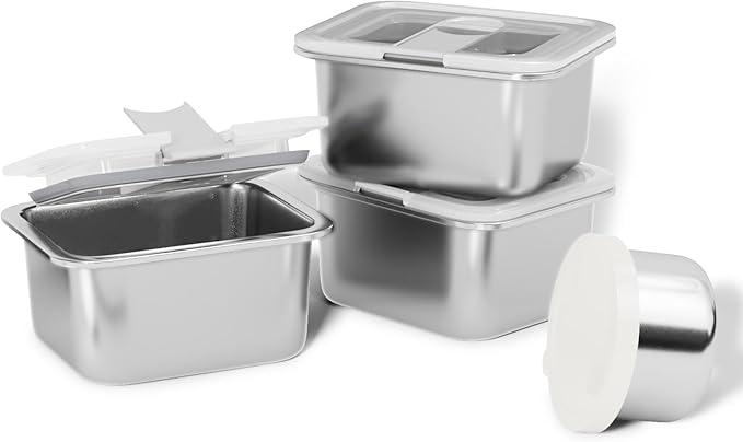 Bakpoco Stainless Steel Snack Lunch Containers for Kids, 3 Packs 12 oz Leak-Proof Lunch Box Containers, Microwave-Safe, Convenient Metal Small Food Storage Container with Lid for School, Work