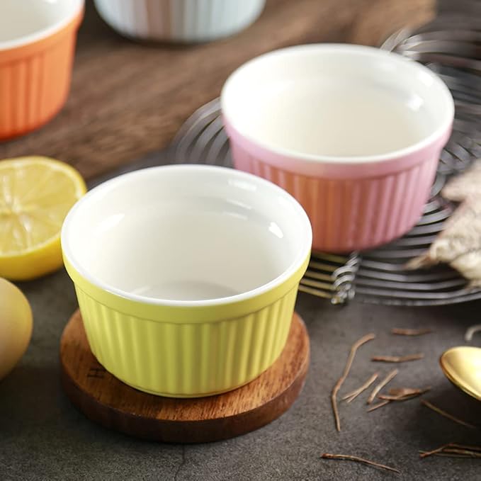 Ramekins 6oz Oven Safe, Creme Brulee Ramekin and Souffle Dishes, Porcelain Baking Bowls, Dipping Sauce Dish.Pudding Cups, Set of 6, Blue.