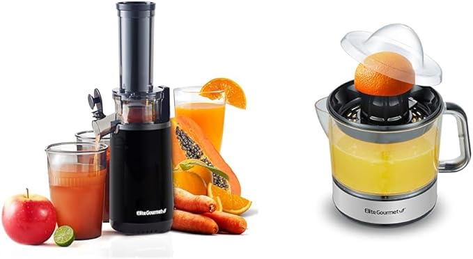 Elite Gourmet Compact Masticating Slow Juicer, Cold Press Juice Extractor, BPA-Free, with Electric Citrus Juicer, Pulp Control, 24oz