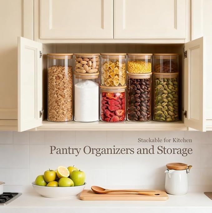 ComSaf Glass Storage Containers with Lids (0.6qt/1qt/1.5qt) Set of 6,Glass Pantry Storage Containers with Airtight Lid & lables for Dry Food, Snacks, Nuts, Stackable for Kitchen, Pantry Organization