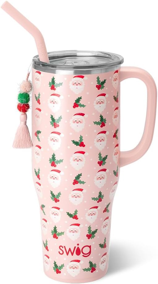 Swig Life 40oz Mega Mug, 40 oz Tumbler with Handle and Straw, Cup Holder Friendly, Dishwasher Safe, Extra Large Insulated Tumbler, Stainless Steel (Holly Jolly)