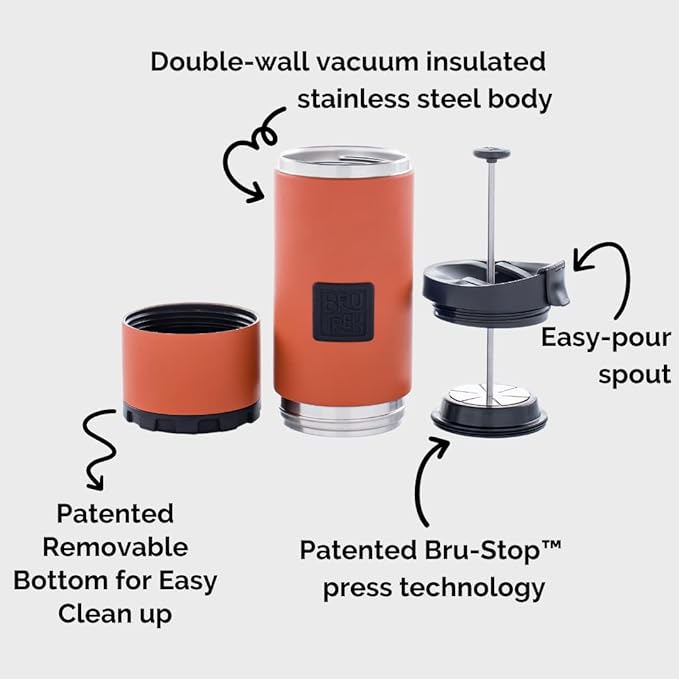BruTrek® by Planetary Design OVRLNDR Travel Coffee French Press, 24 fl.oz Drinkable Capacity, Vacuum Insulated, Easy To Clean Removable Bottom, No Spill Lid, On The Go Coffee Brewing (Red Rock)