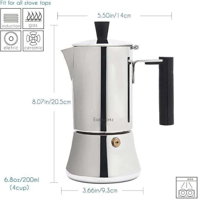 Easyworkz Pedro Stovetop Espresso Maker 4Cup 200ml, Bundled Espresso Steaming Pitcher Stainless Steel 12 oz Coffee Frothing Picther Milk Jug Cappuccino Latte Art Cup