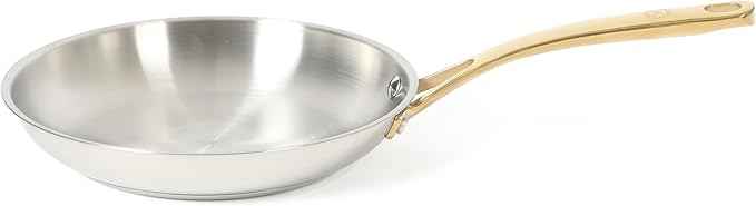 Martha Stewart Castelle 9.5-Inch Stainless Steel Frying Pan with Gold-Tone Handle – Tri-Ply Encapsulated Bottom, Oven Safe & Induction Safe Skillet for Searing and Sautéing