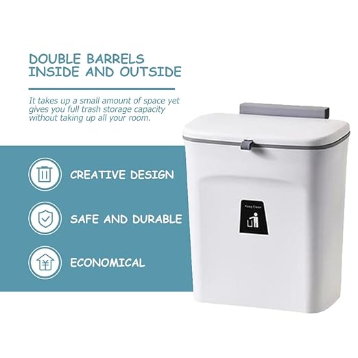Hanging Kitchen Trash Can 9l with Lid and Inner Bucket, Sealed Compost Bin Plastic Waste Basket for Wall Mount, Indoor Household Food Scrap Storage Container