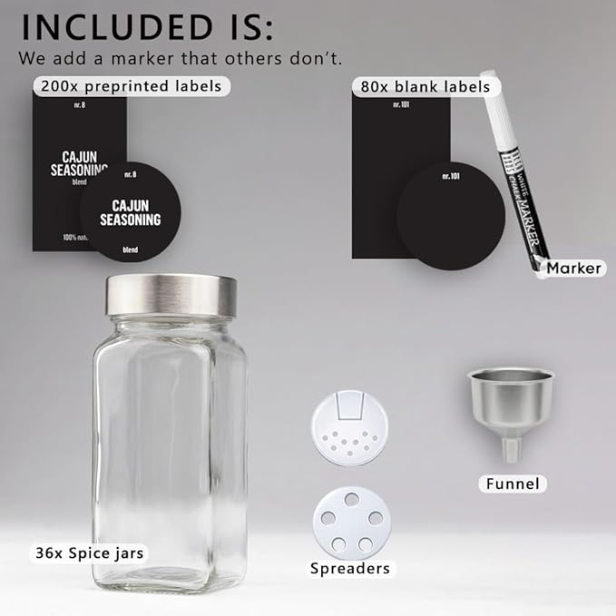 Deco haus Glass Spice Jars with Stainless Steel Lids 36 x 4oz [LABELS incl] Spice Containers with 280 Labels, Funnel & Chalk Marker - Empty Herb Seasoning Containers, Small Seasoning Bottles for Herb