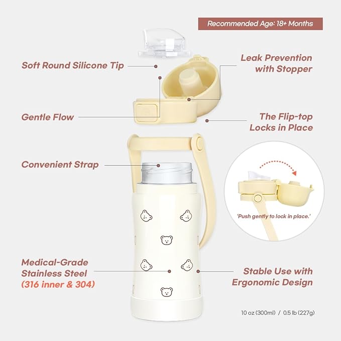 GROSMIMI Slow Flow Toddler Tumbler Water Bottle BPA Free 10 oz. (Stainless Steel, Cherry)