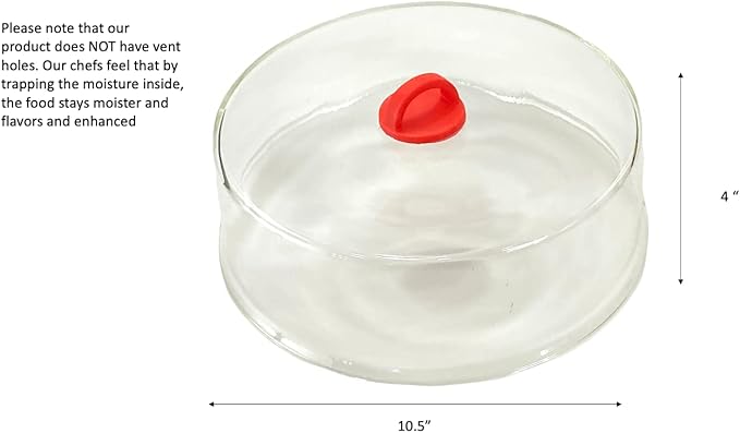 Tall Microwave Tempered Borosilicate Glass Plate Cover with Red Easy-Grip Silicone Handle - Steam Food Without Venting - Microwave/Oven/Stove Safe - 10" x 4"