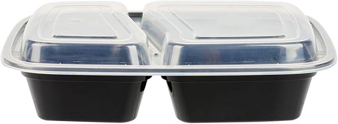 Restaurantware Asporto 32 Ounce Compartment Take Out Boxes 100 Microwavable Meal Prep Containers - 2 Compartments With Clear Plastic Lids Black Plastic Food Containers Do Not Contain BPA