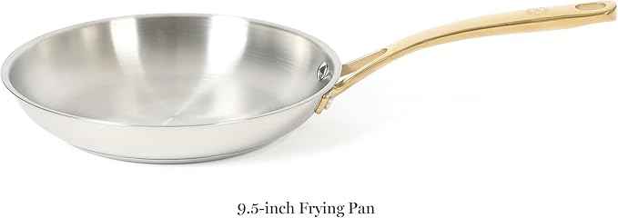 Martha Stewart Castelle 9.5-Inch Stainless Steel Frying Pan with Gold-Tone Handle – Tri-Ply Encapsulated Bottom, Oven Safe & Induction Safe Skillet for Searing and Sautéing