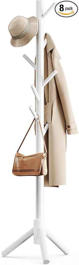 Pipishell Sturdy Wooden Coat Stand, 3 Adjustable Sizes Coat Tree with 8 Hooks, Coat Stands for Hallway Entryway, Hat Stand for Clothes, Used in Bedroom/Office/Hallway/Entryway, White