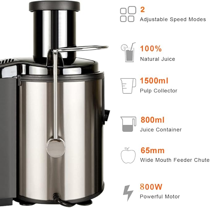 800W Electric Juicer Centrifugal Juicer Machine Fruit Vegetable Juicer 800ml Large Capacity Stainless Steel Blade Easy Clean Black for Home Kitchen