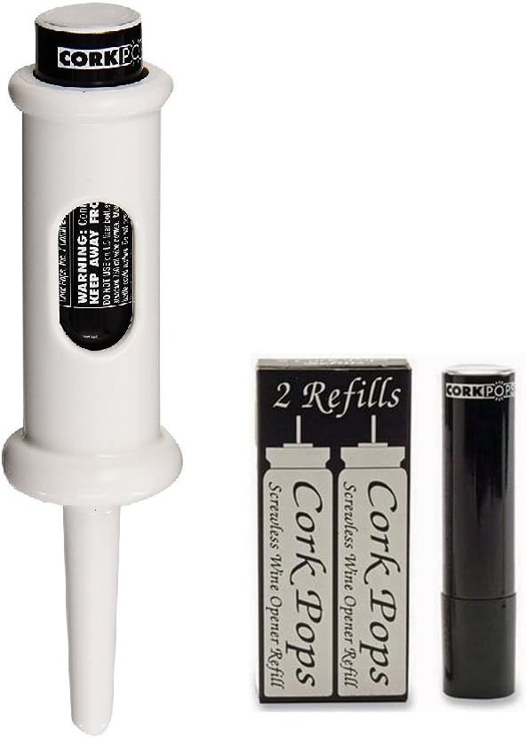 Cork Pops Original Wine Bottle Opener, 6.5 Inch – Made in USA, Effortless Push-Button Cork Removal, Includes Cartridge (Opens Up to 60 Bottles) (White, 3 Cartridges)