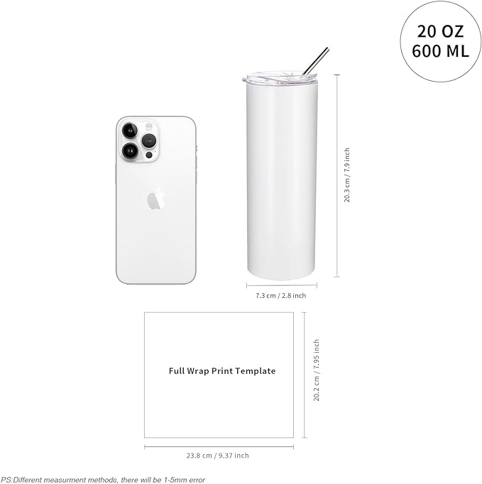 PYD Life Sublimation Blanks Skinny Tumbler White 20 OZ Straight Stainless Steel with Metal Straw for Mug Tumbler Heat Press Machine Sublimation Printing 4 Pack