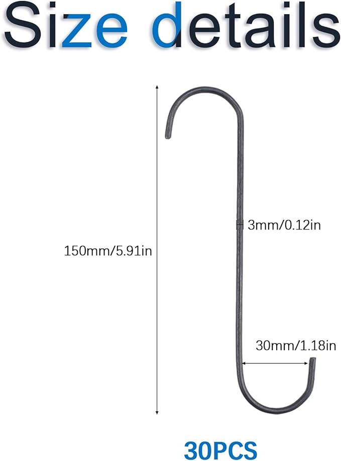 30Pcs Powder Coating Hooks, S-Shaped Spray Painting Hooks Coating Rack, Metal Hook for Organizing Home Kitchen Garage Garden Hanging Storage DIY Display Warehouses Factory (3mm*15cm)