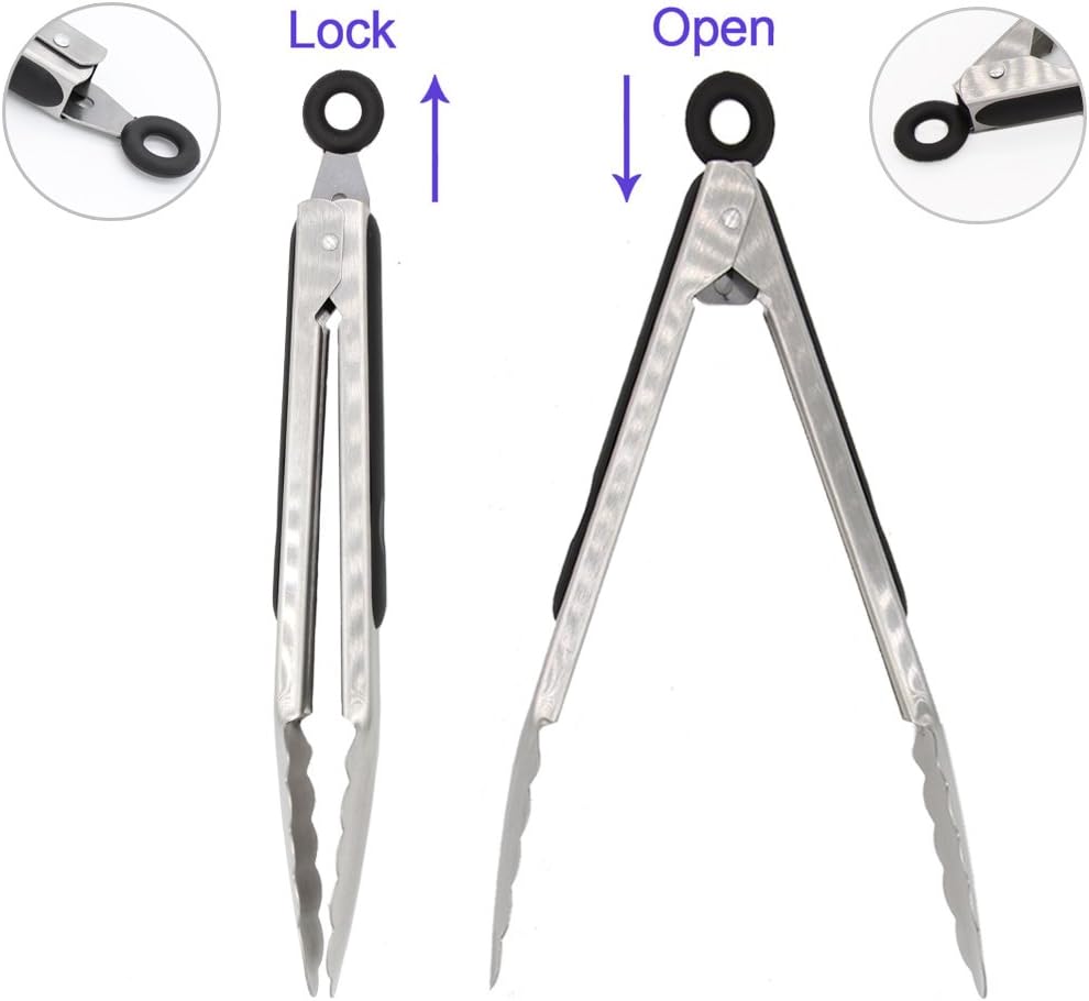 304 Stainless Steel Kitchen Cooking Tongs, 14" and 16" Set of 2 Sturdy Grilling Barbeque Brushed Locking Food Tongs with Ergonomic Grip, Black