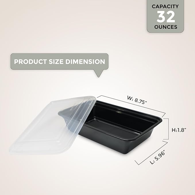 Klex 32 Oz, 150 Sets Meal Prep Containers with Airtight Lids, BPA Free, Reusable Plastic Food Container, 32 oz, Rectangular, Black/Clear, 150 Sets
