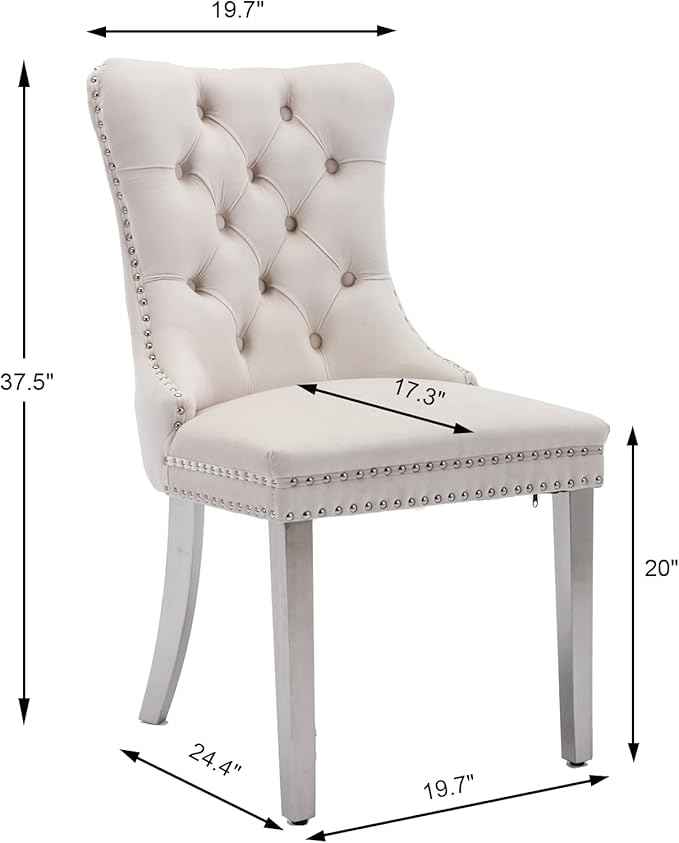 Velvet Dining Chairs Set of 2, Upholstered Dining Room Chairs with Back Ring Pull Trim and Sliver Stainless Steel Legs,Tufted Wingback Chair Perfect for Dining Room,Living Room,Kitchen(Beige)