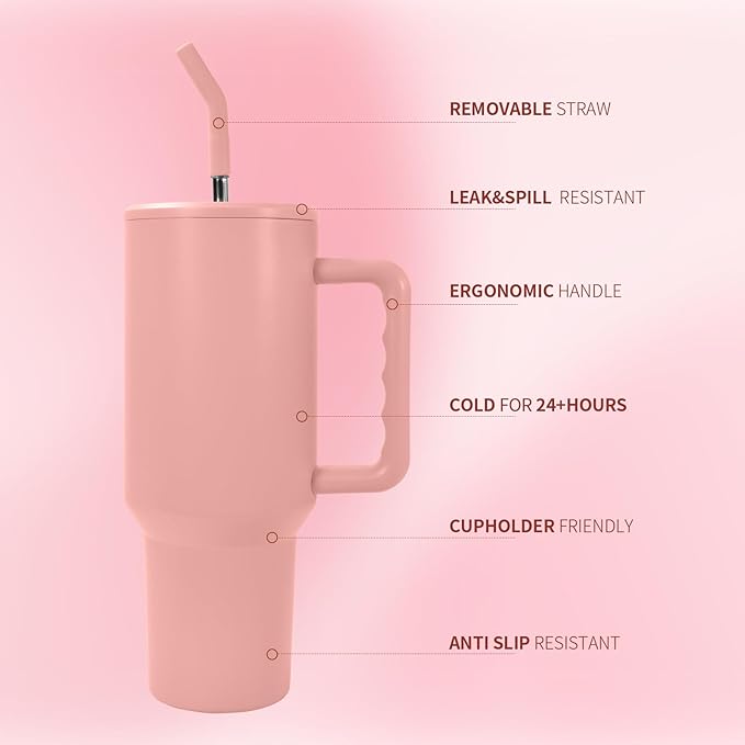 AGH 40 oz Sublimation Tumbler with Handle 4-Pack Stainless Steel Insulated Tumblers Blanks Water Bottle Travel Cups Matte Pink