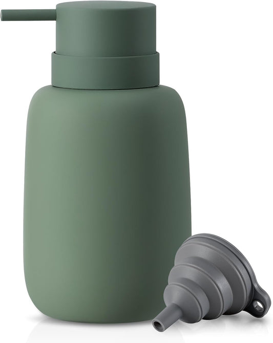 Ceramic Hand Soap Dispenser for Bathroom,16OZ Matte Dish Soap Dispenser for Kitchen Sink,Refillable Liquid Lotion Dispenser with Easy-to-Press Pump Rubber Paint (Green)