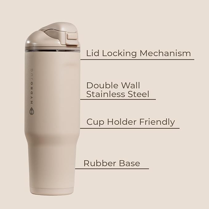 HydroJug Ease2o Water Bottle with Straw & Chug Lid, Stainless Steel, Vented Cap to Help Reduce Pressure, Water-Level Window, Cup Holder Friendly, Non-Slip Base – 40oz, Dune