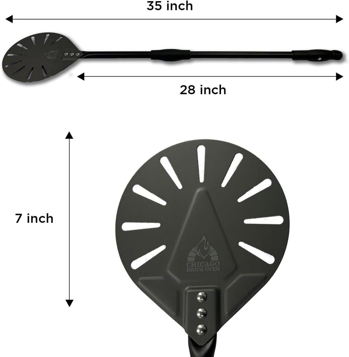 Chicago Brick Oven Turning Perforated Pizza Peel - 7" Diameter - 35" Overall Length - Premium Pizza Peel, Pizza Steel, 12 Inch for Professional and Home Use