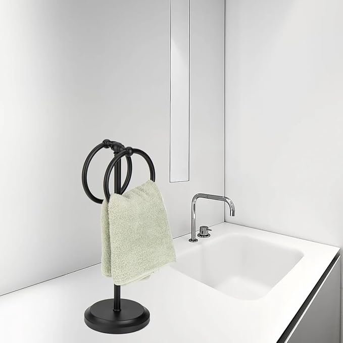 J&V TEXTILES Steel Towel Rack Holder Stand with 2 Hanging Rings for Bathroom Vanity Countertops - Space Saving Hand Towel Holder (Matte Black)