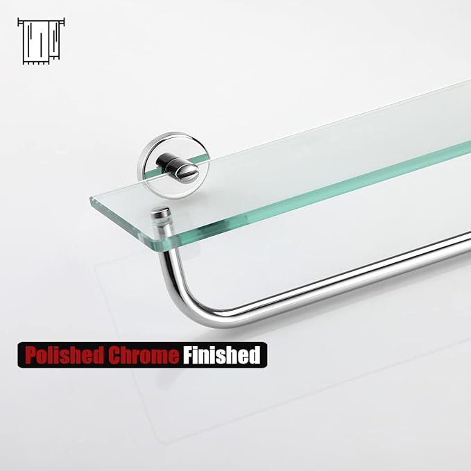 JQK Bathroom Glass Shelf Polished Chome, Shelf with 29 Inch Towel Bar Tempered Glass Shower Storage 30 by 5 inches, 304 Stainless Steel Silver Finish Wall Mount, TGS100L30-CH
