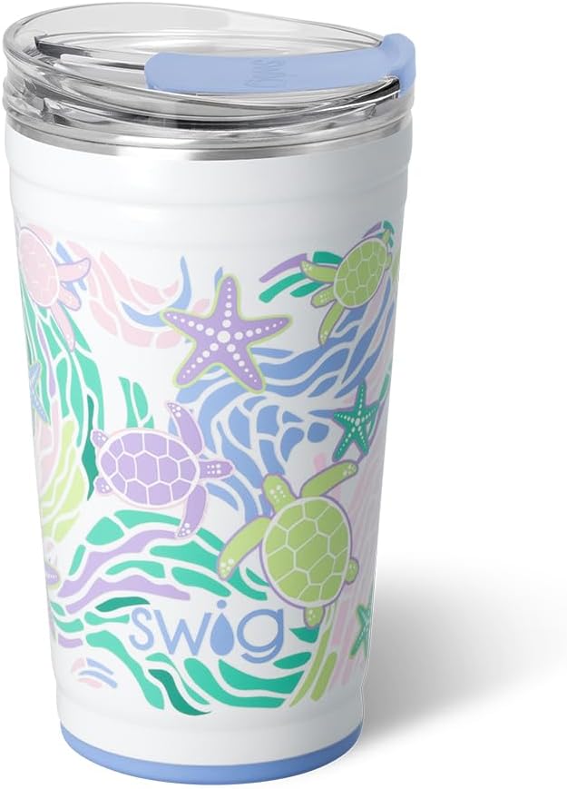 Swig Life 24oz Party Cup, Stackable Insulated Travel Coffee Tumbler with EZ Slider Lid, Cup Holder Friendly, Stainless Steel 24 oz Tumbler, Reusable Coffee Mug (Sea Swirl)