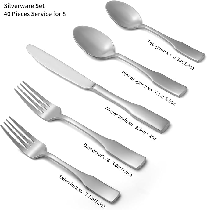 Alata Kate Satin 40-Piece Silverware Set,Service for 8,Stainless Steel Flatware Set,Matte Satin Polished Cutlery Set,Dishwasher Safe