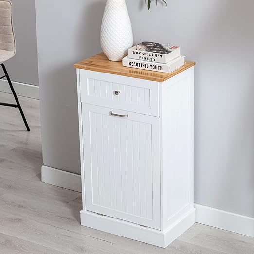 Gitua Tilt Out Trash Cabinet, Freestanding Wooden Kitchen Trash Recycling Cabinet with Drawer & Removable Cutting Board, Dog Proof Trash Can Cabinet, White