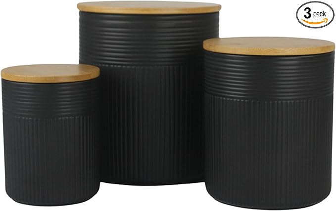 10 Strawberry Street Luca Matte Black Embossed Ceramic Kitchen Canister Set, Set of 3, Bamboo Lids