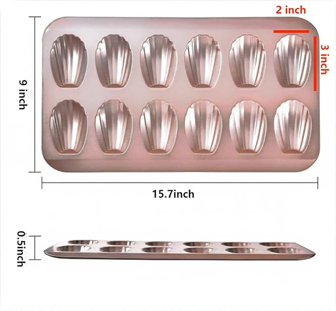 Madeleine Pans for Baking (2-Pack) 12 cup Madlen Mold Makes Shell Shape Cake Cookies Nonstick Carbon Steel Madeline Tray for Oven Gold