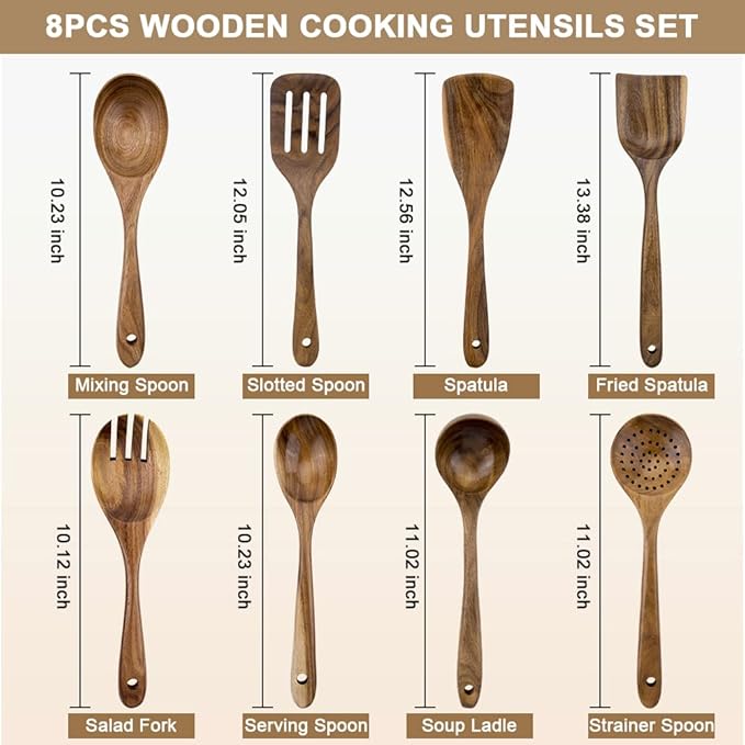 Premium 8-Piece Teak Wood Cooking Utensil Set - Heat Resistant, Lightweight & Sturdy Wooden Spoons for Non-Stick Cookware - Ideal for Cooking, Stirring & Serving