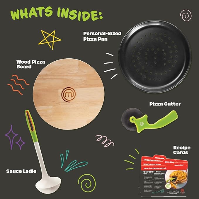 MasterChef Junior Pizza Cooking Set - 5 Pc Kit Includes Real Cookware for Kids w Recipes, Board, Roller - Make Homemade Pizza, Birthday