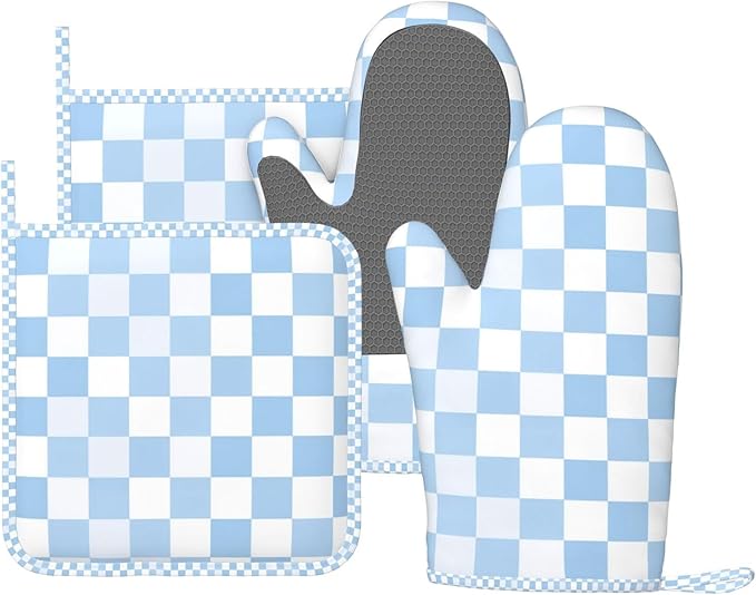 Oven Mitts and Pot Holders Set, Checkerboard Pattern Pastel Blue Silicone Kitchen Accessories 4 Piece Heat Resistant Long Gloves Potholder Non-Slip Grip for Chef Cooking Baking Grilling BBQ