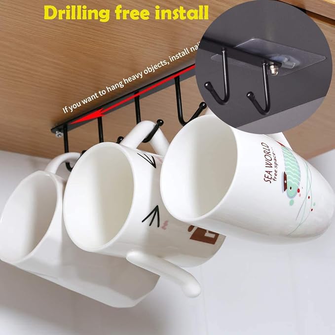 AliCH Mug Holder 2pcs Under Cabinet Mug Hooks Rack, Nail Free Coffee Cups Holder,Under Shelf Hanger for Cups/Kitchen Utensils/Ties Belts/Scarf/Keys Storage (White)