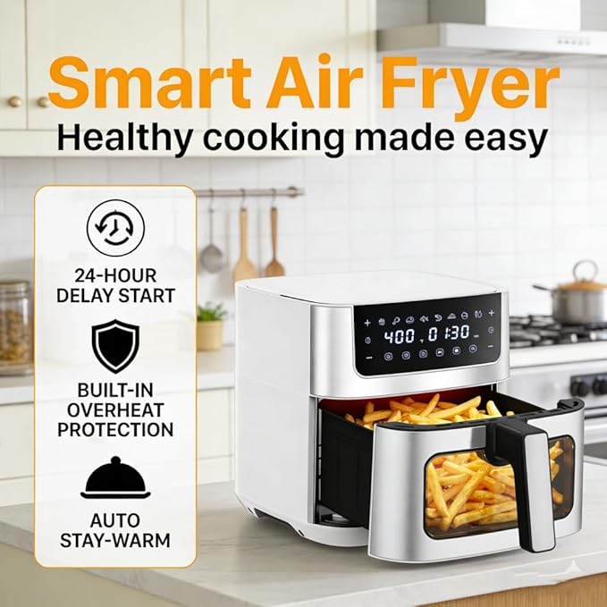 HealSmart 6.34 Qt Air Fryer with Window, 8-in-1 Digital AirFryer Oven, 1700W, Nonstick Dishwasher-Safe Basket, Air Fry, Roast, Dehydrate, 90-Min Timer, Stainless Steel, White