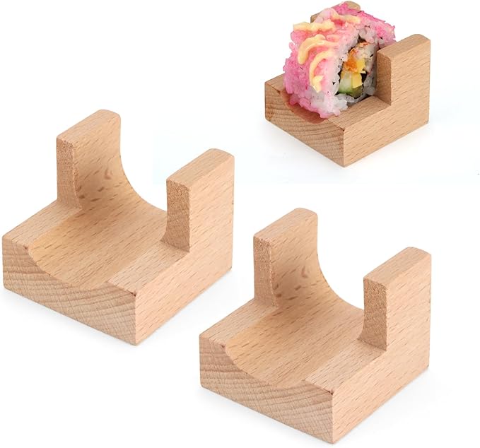 Wooden Taco Holder Stand for Sushi Hand Roll, Temaki & Sushi Roll – 1/2/3/5 Slot Sushi Display Tray, Natural Wood Serving Platter (2 pcs per Pack) (1 Slot (2 pcs))