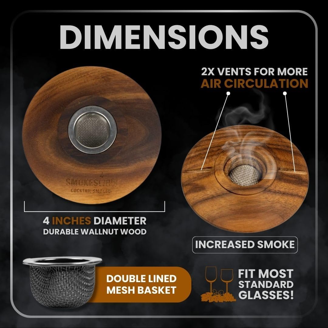 Premium Walnut Wood Cocktail Smoker with Six 4 oz Tins of Wood Chips. Great for Whiskey & Old Fashion. Coated in Safe Food Natural Beeswax, Non-Toxic Top by Smokeshow (6-Pack)