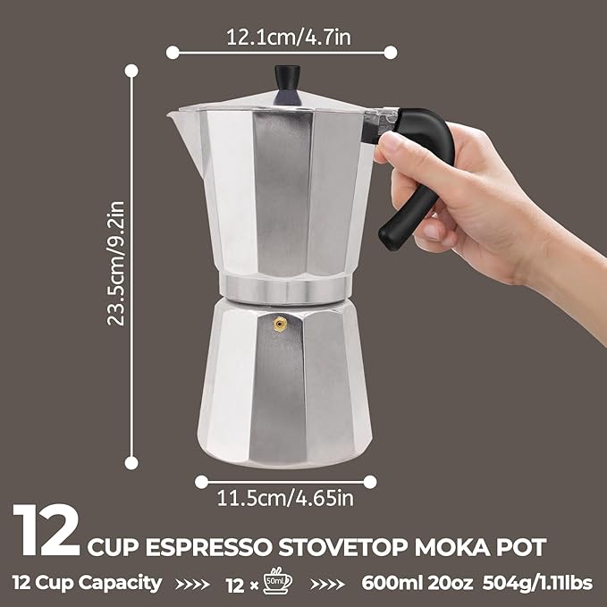 Aluminum 12 Cup 600ml Moka Pot Express Coffee Maker Stovetop Espresso Percolator Coffeemaker Italian Classic Style Brewing Greca Cafe Mocha Machine for Cafeteras Lover Camping Travel and Home Use 20oz