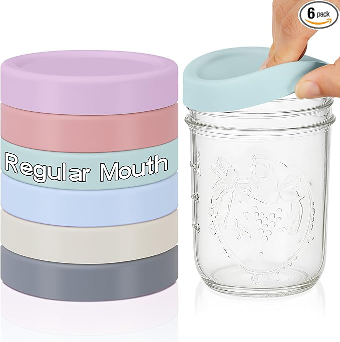 Teenyyou 6 Pcs Silicone Regular Mouth Lids Mason Jar Lids Thickened Leak Proof Lid for 70 mm All regular mouth Mason Jars, Reusable Large Canning Jar Caps(Morandi)