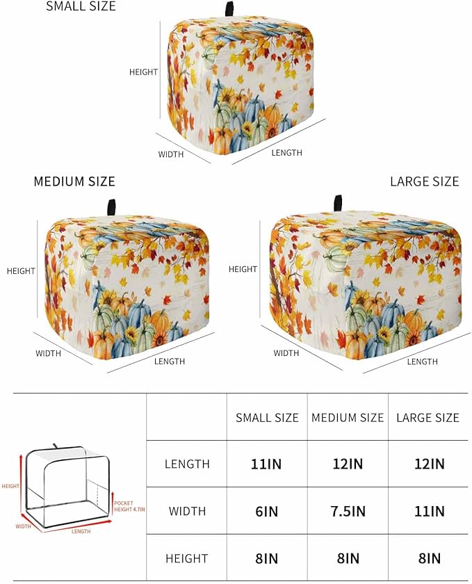 Thanksgiving Fall Toaster Cover 2 Slice, Blue Green Orange Pumpkins Dustproof Bakeware Oven Protector with Top Hook, Maple Leaf Waterproof Small Kitchen Appliance Toasters Dust Cover, 11"x6"x8"