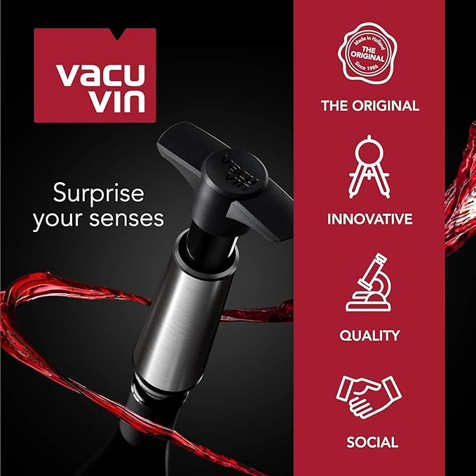 Vacu Vin Wine Saver Pump Gray with Vacuum Wine Stopper - Keep Your Wine Fresh for up to 10 Days - 1 Pump 4 Stoppers - Reusable - Made in the Netherlands