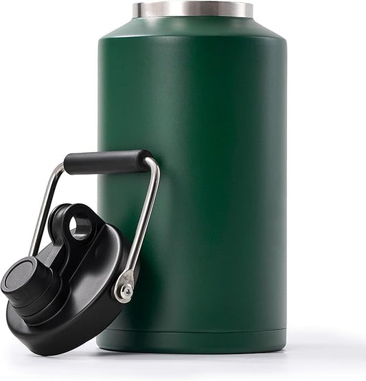 Kerilyn Insulated Gallon Jug with Handle, One Gallon, 128 Ounces Stainless Steel, Large Double Vacuum Water Bottle for Hot & Cold Drinks, Wide Mouth, Sweat Proof, Great for Travel, Camping, Green