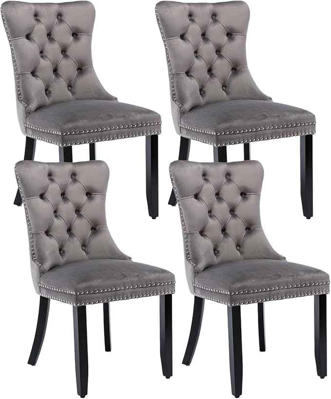 Grey Velvet Dining Chairs Set of 4, Upholstered Dining Room Chairs with Back Ring Pull Trim and Solid Wood Legs,Tufted Wingback Kitchen Chairs for Dining Room,Living Room,Kitchen(Grey)
