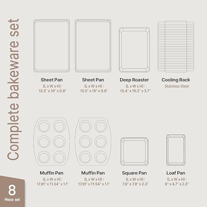 BAKKEN 8-Piece Kitchen Oven Baking Pans Set - Deluxe Nonstick Gray Marble Coating, Professional Grade Carbon Steel Bakeware with Silicone Handles - Oven, Dishwasher, and Freezer Safe