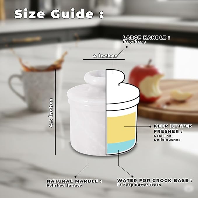 Butter Crock – French Butter Keeper with Lid, Countertop Butter Dish, Handcrafted Cloudy White Marble Housewarming Gift for Kitchen & Home